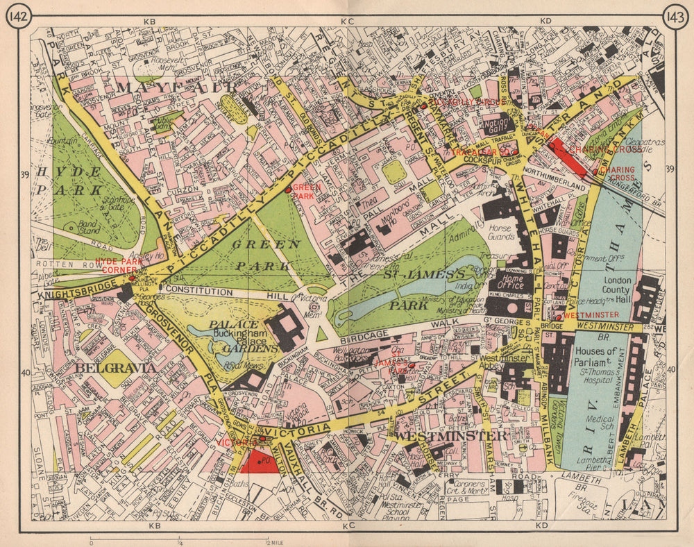 LONDON Westminster Mayfair St James's Belgravia Victoria Covent Garden 1953 map