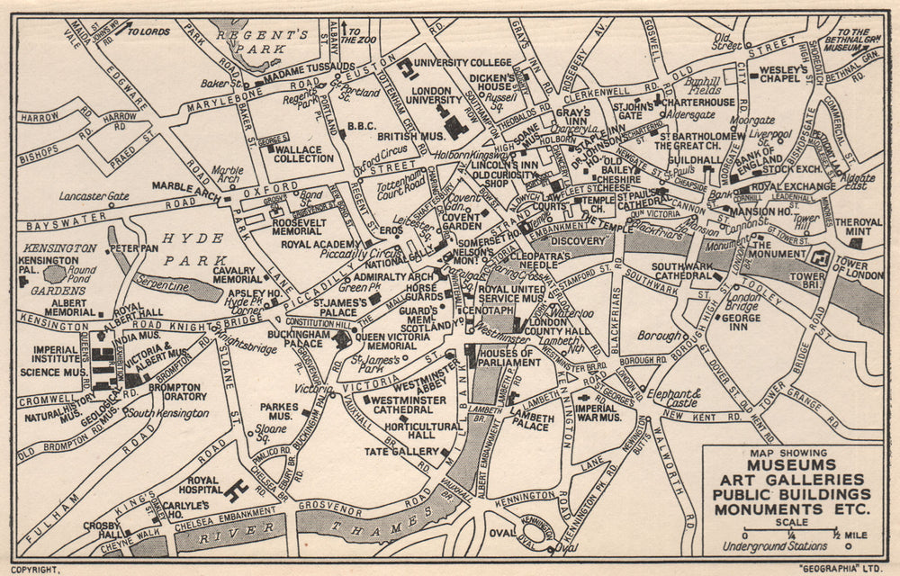 LONDON Museums Art Galleries Public Buildings Monuments 1953 old vintage map