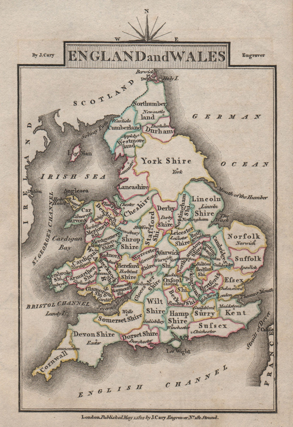 ENGLAND AND WALES by John CARY. Miniature antique map. Original colour 1812