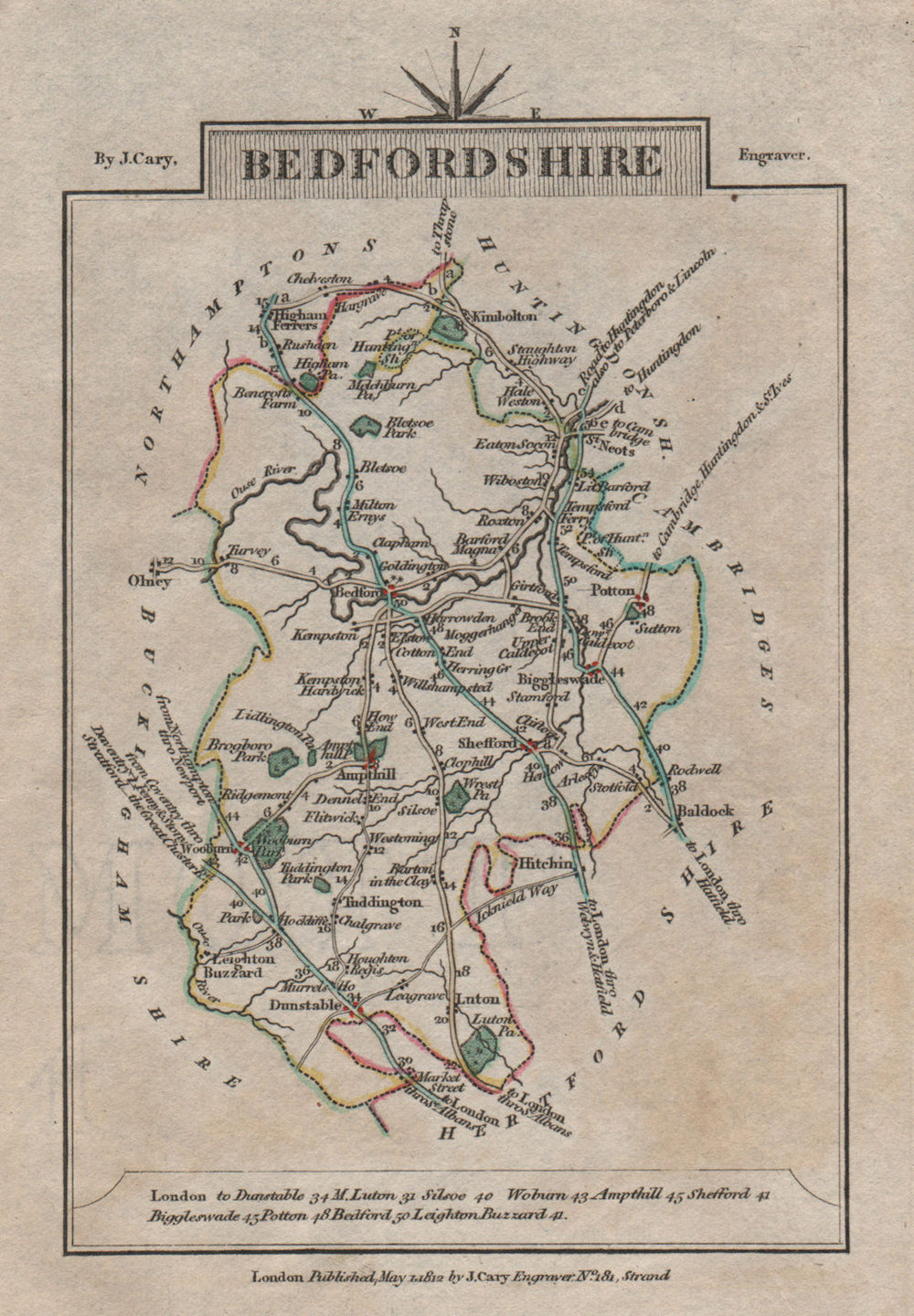 BEDFORDSHIRE by John CARY. Miniature antique county map 1812 old
