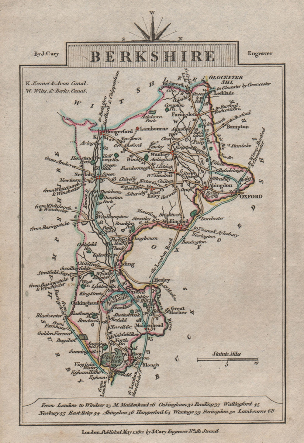BERKSHIRE by John CARY. Miniature antique county map. Original colour 1812