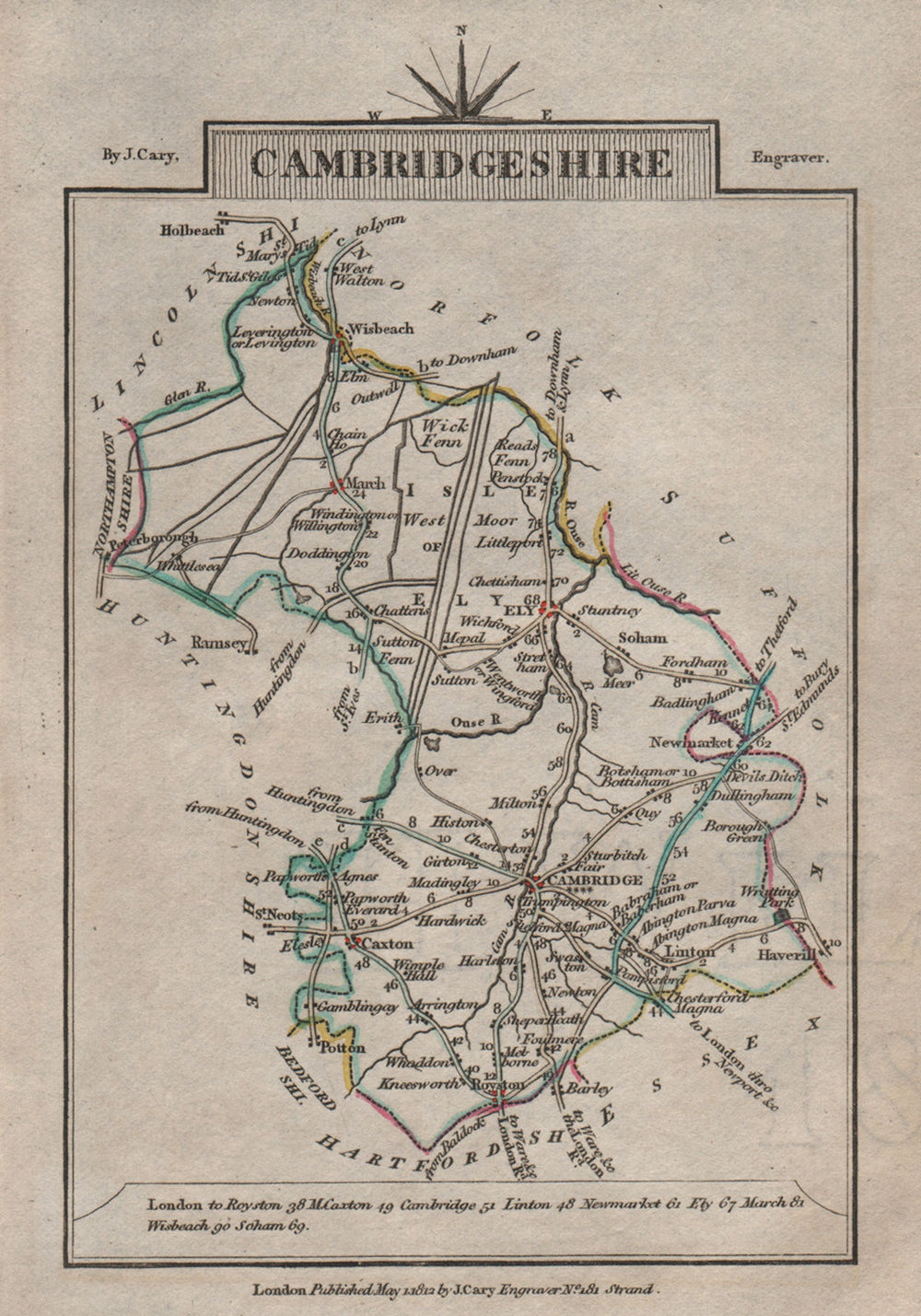 CAMBRIDGESHIRE by John CARY. Miniature antique county map 1812 old