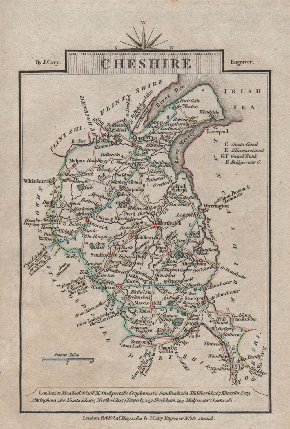 CHESHIRE by John CARY. Miniature antique county map. Original colour 1812