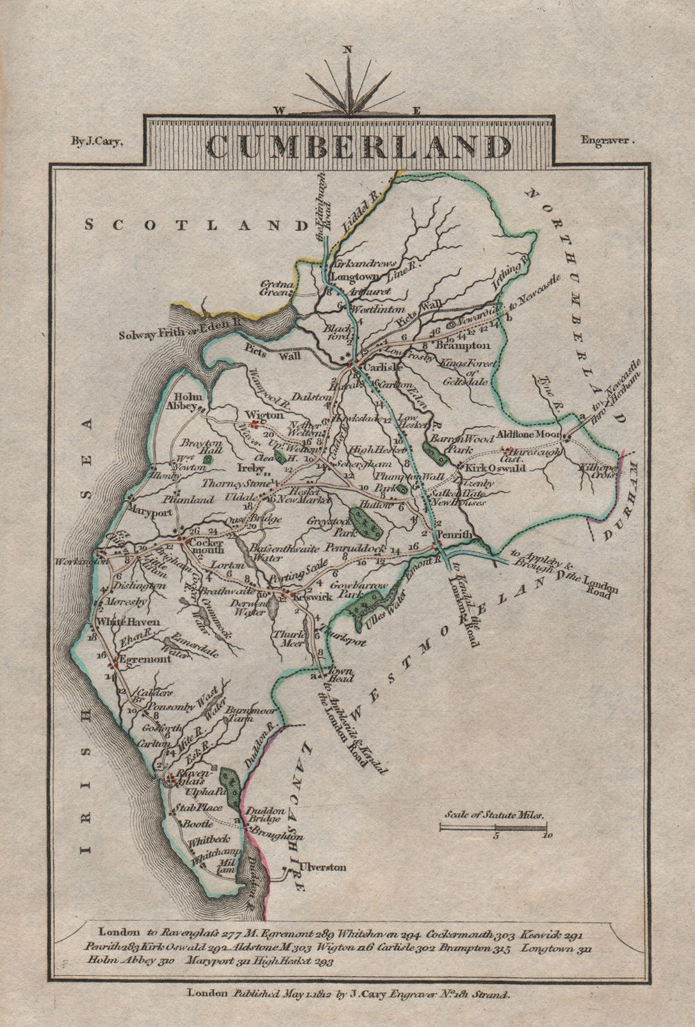 CUMBERLAND by John CARY. Miniature antique county map. Original colour 1812