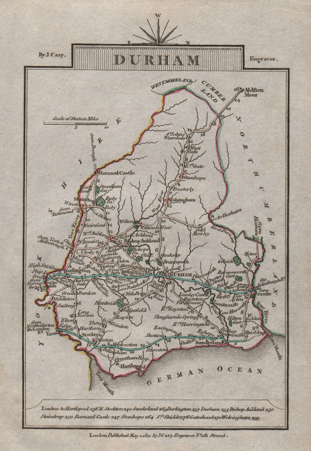 DURHAM by John CARY. Miniature antique county map. Original colour 1812