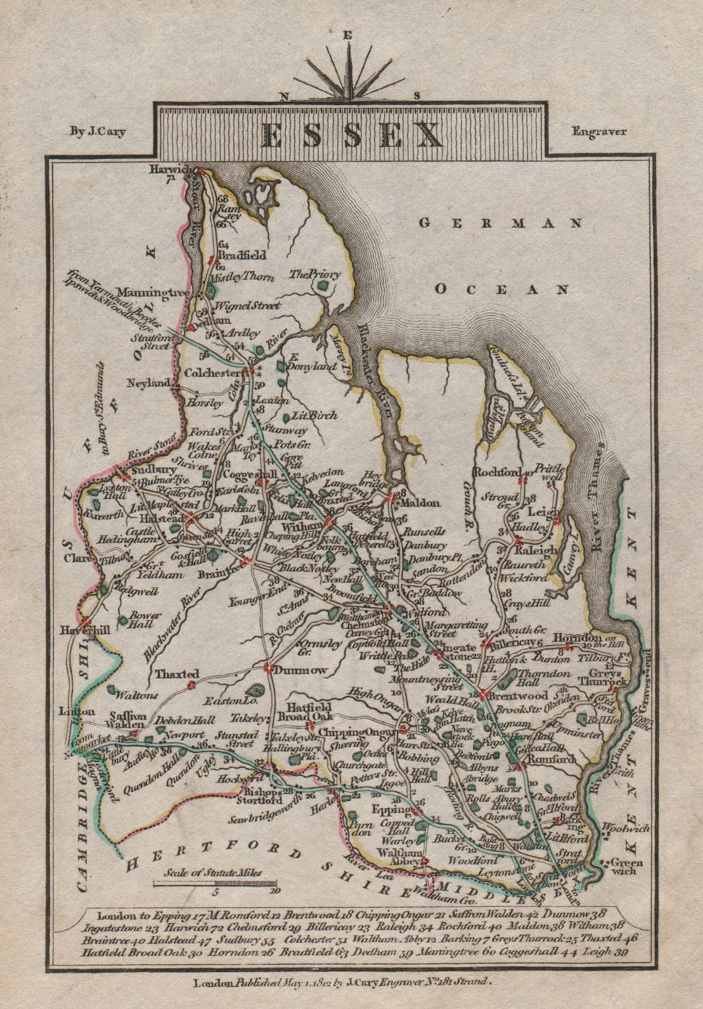 ESSEX by John CARY. Miniature antique county map. Original colour 1812 old