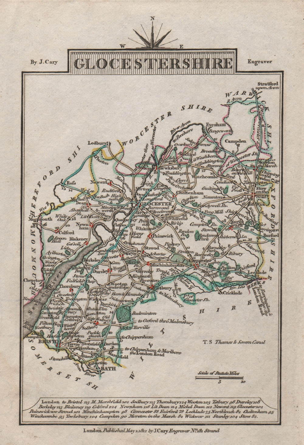 GLOUCESTERSHIRE by John CARY. Miniature antique county map 1812 old