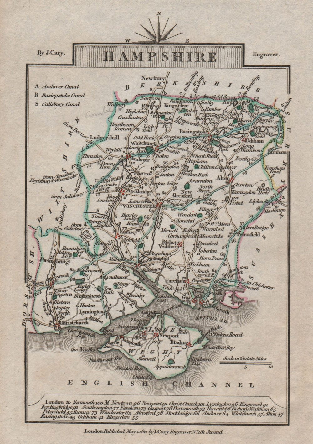 HAMPSHIRE by John CARY. Miniature antique county map. Original colour 1812