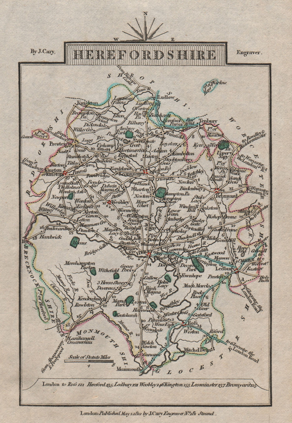 HEREFORDSHIRE by John CARY. Miniature antique county map 1812 old