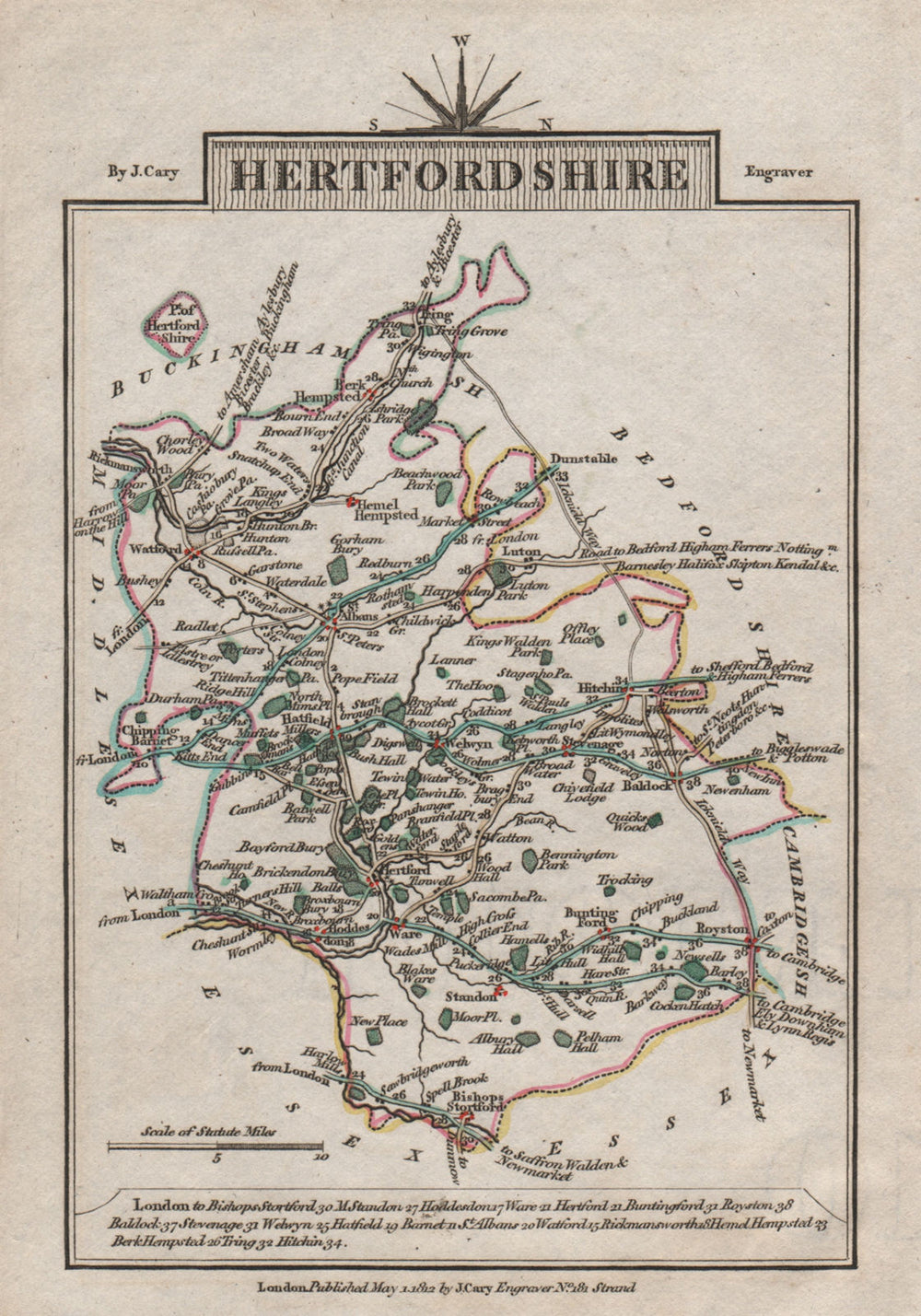 HERTFORDSHIRE by John CARY. Miniature antique county map 1812 old