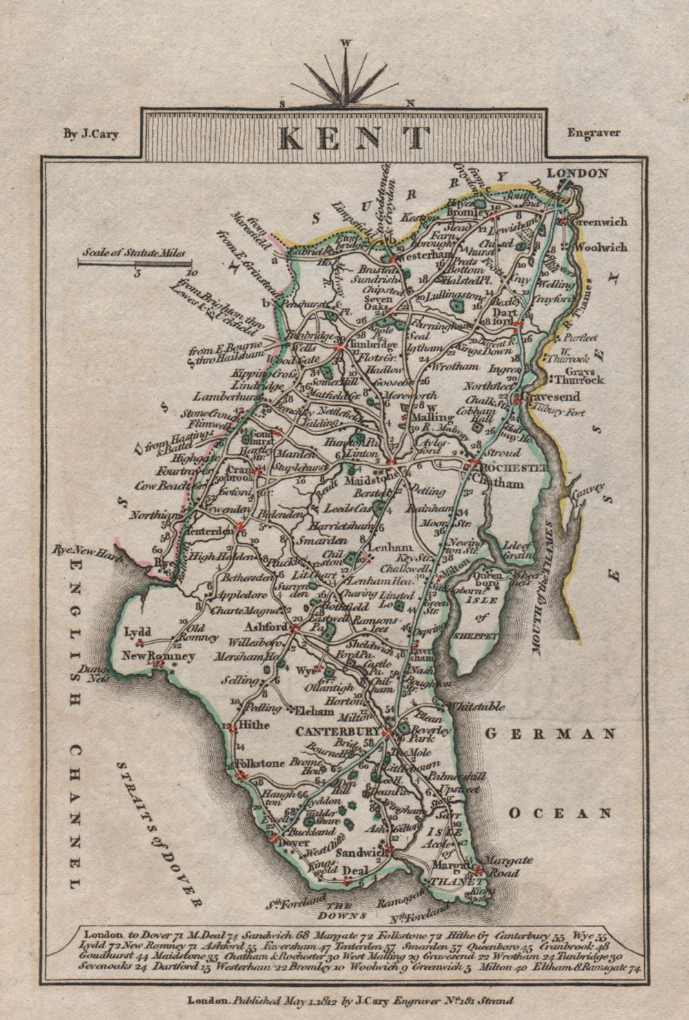 KENT by John CARY. Miniature antique county map. Original colour 1812 old