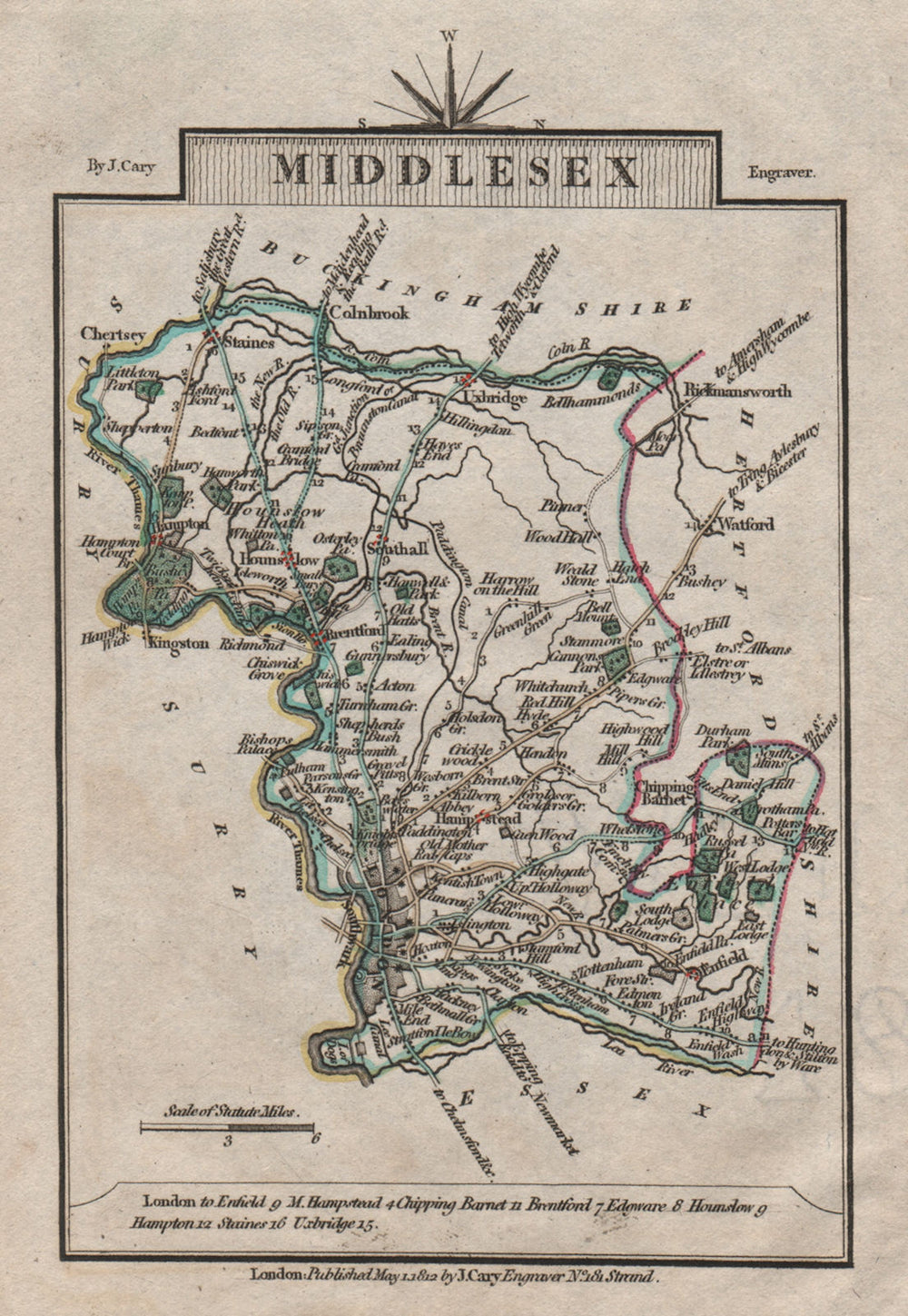 MIDDLESEX by John CARY. Miniature antique county map. Original colour 1812