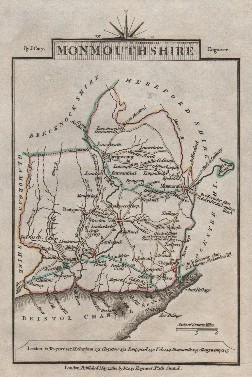 MONMOUTHSHIRE by John CARY. Miniature antique county map 1812 old