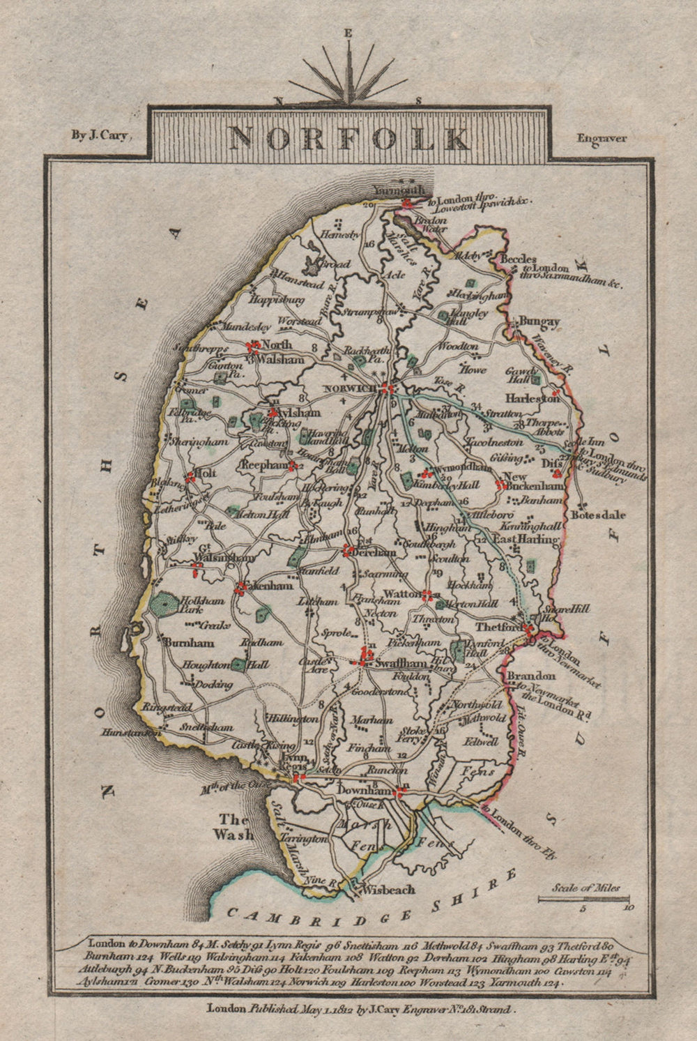 NORFOLK by John CARY. Miniature antique county map. Original colour 1812