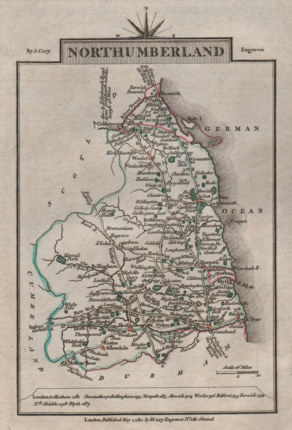 NORTHUMBERLAND by John CARY. Miniature antique county map 1812 old