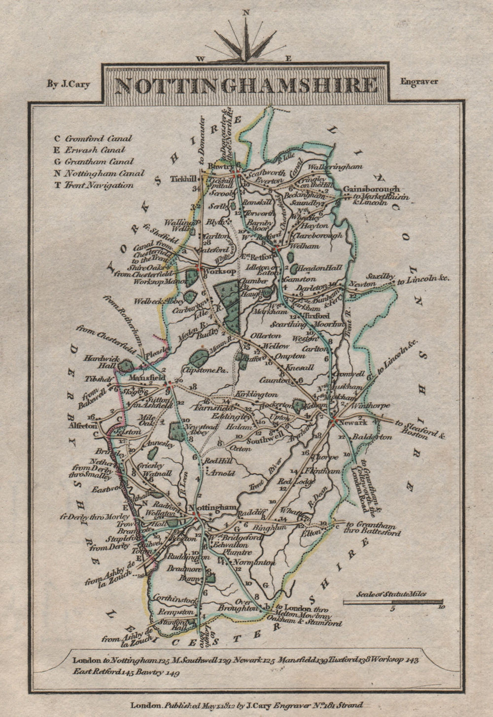 NOTTINGHAMSHIRE by John CARY. Miniature antique county map 1812 old