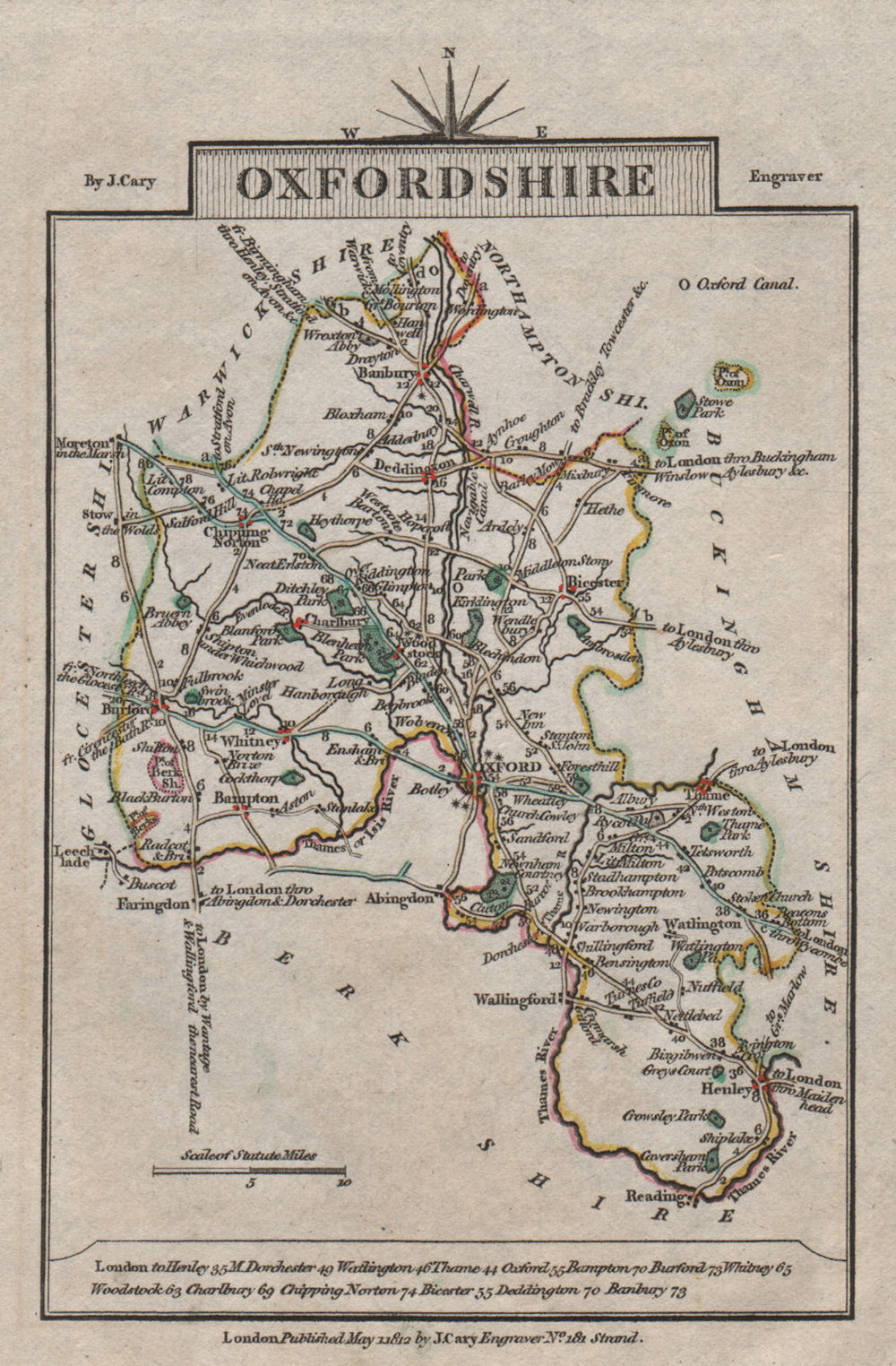OXFORDSHIRE by John CARY. Miniature antique county map. Original colour 1812
