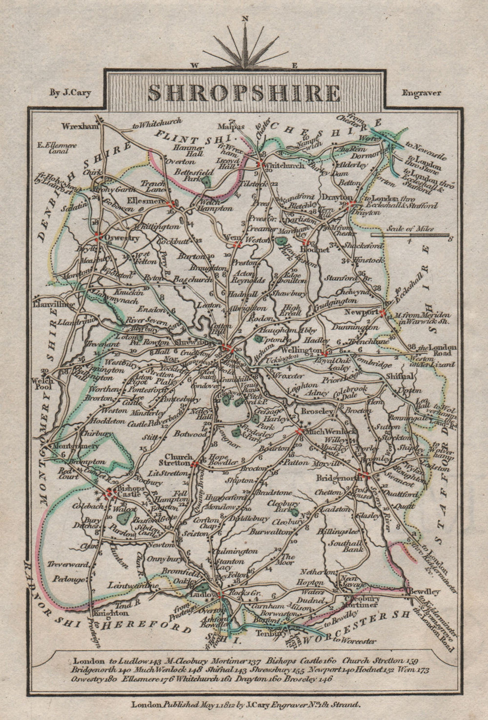 SHROPSHIRE by John CARY. Miniature antique county map. Original colour 1812