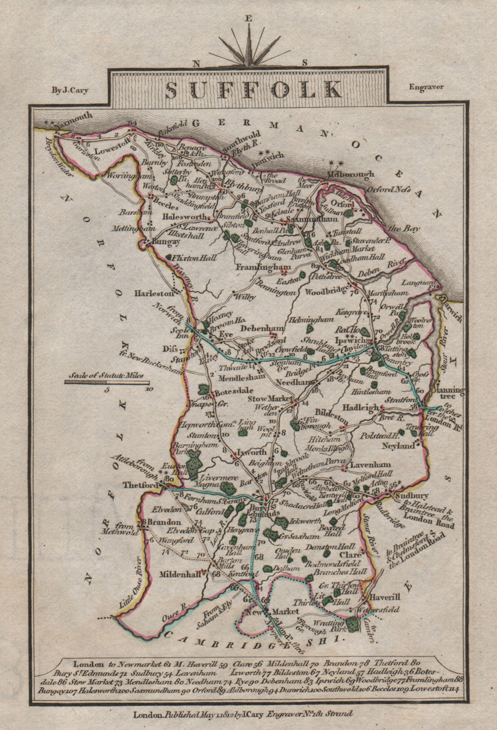 SUFFOLK by John CARY. Miniature antique county map. Original colour 1812