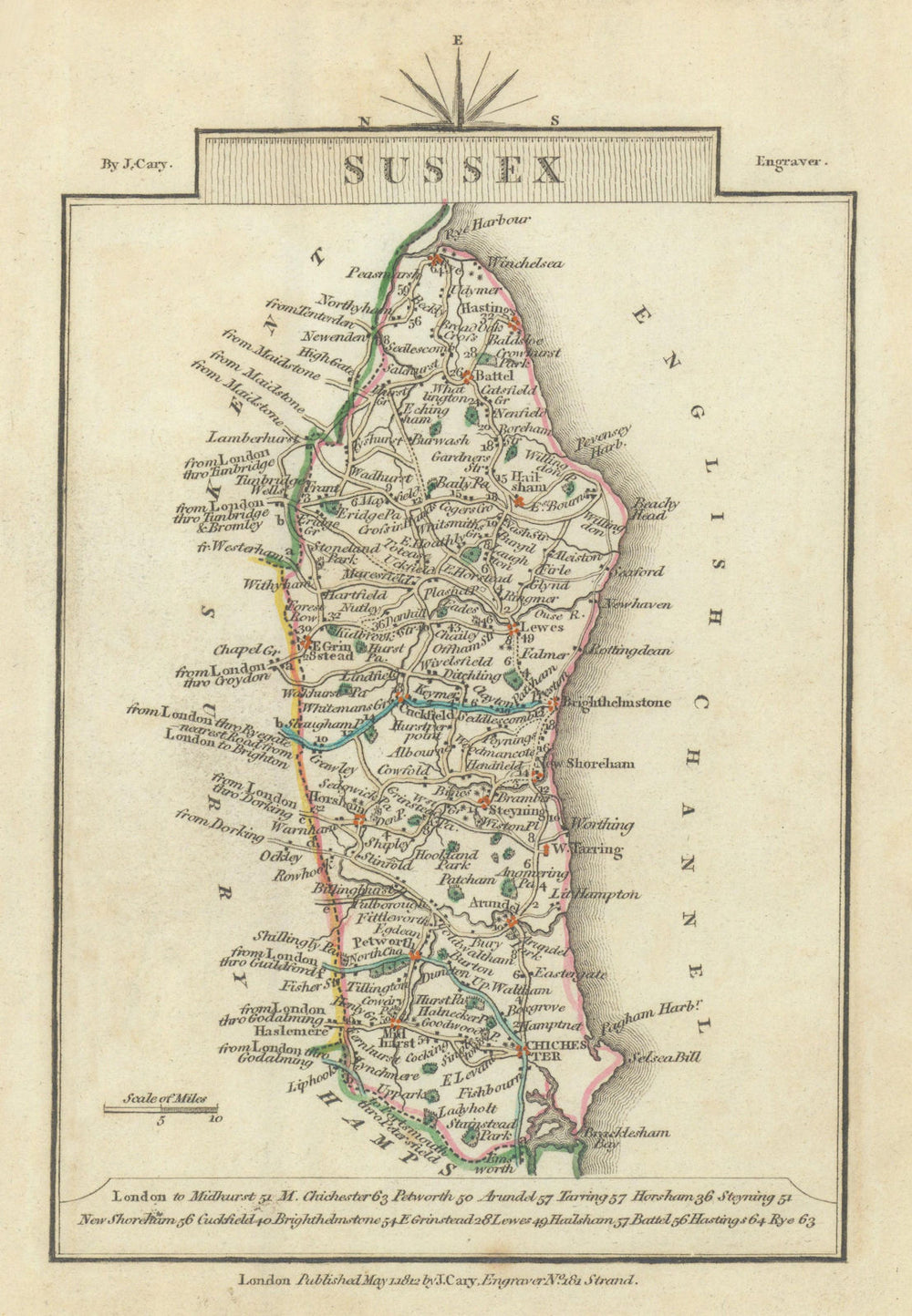 SUSSEX by John CARY. Miniature antique county map. Original colour 1812
