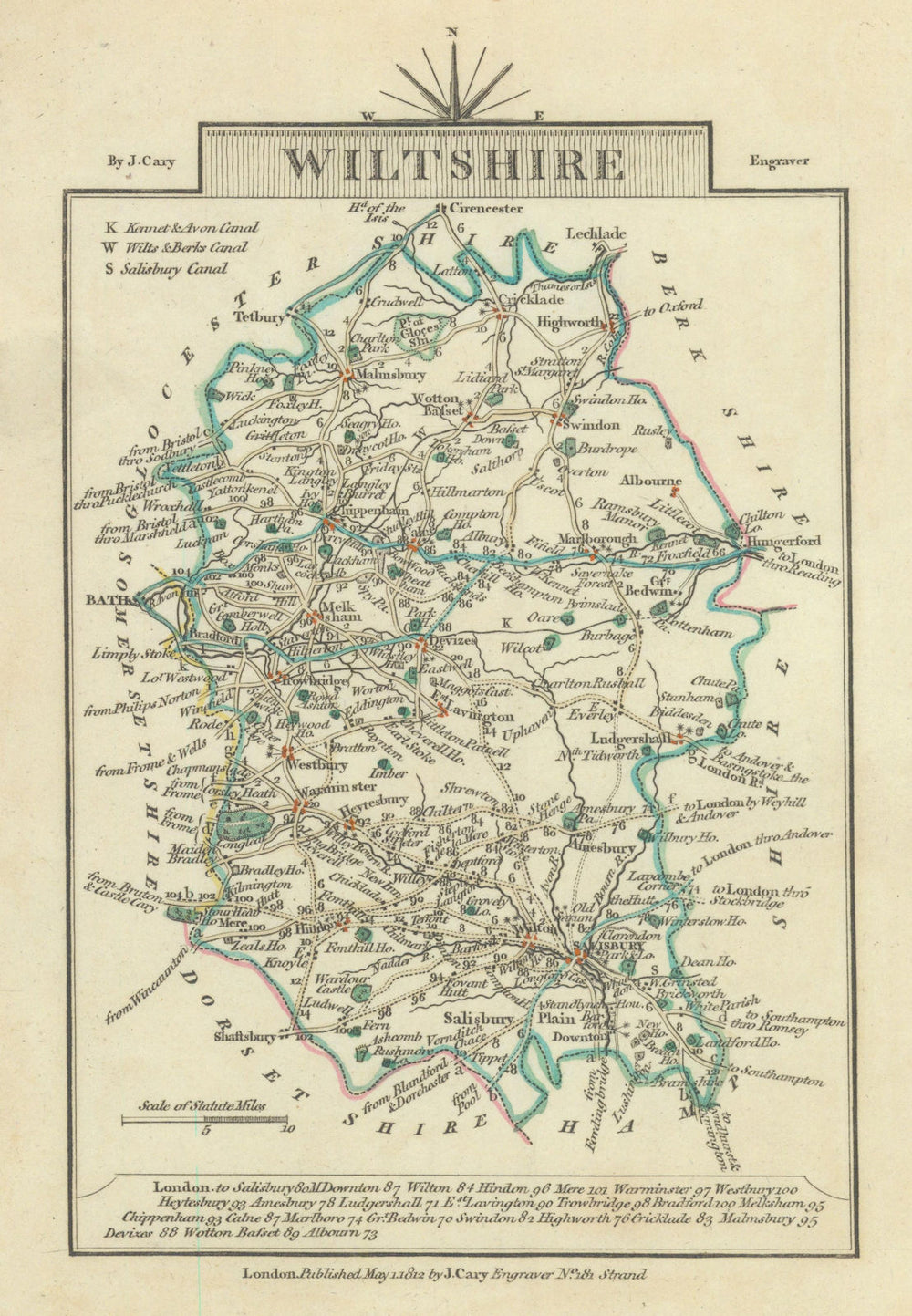 WILTSHIRE by John CARY. Miniature antique county map. Original colour 1812