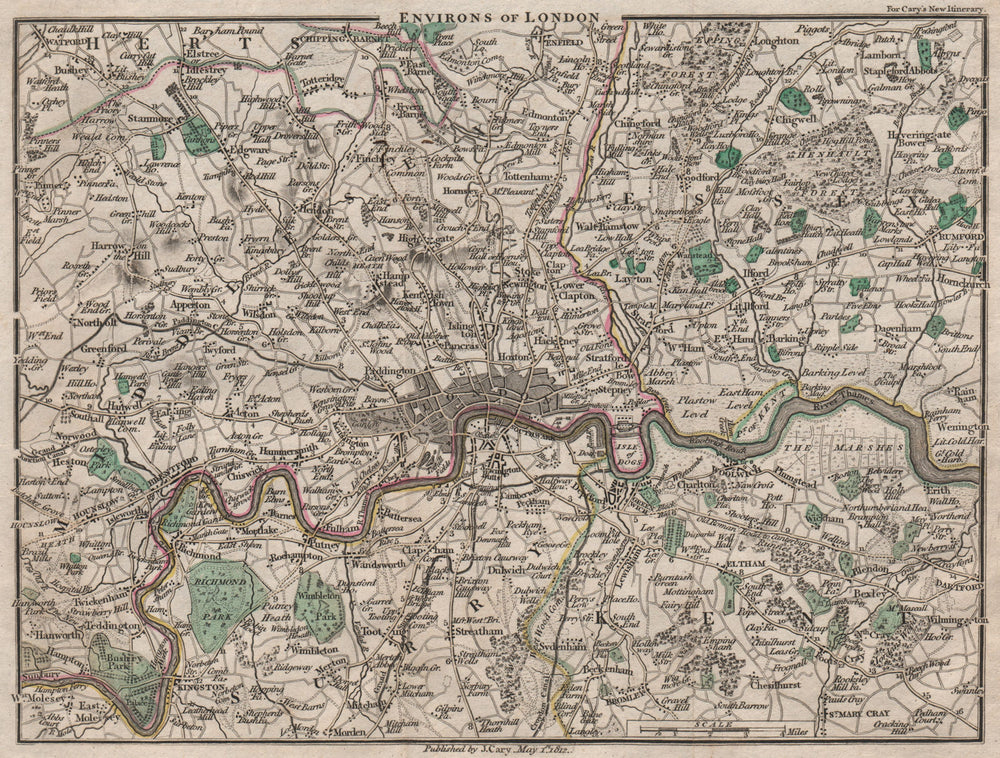 ENVIRONS OF LONDON by John CARY. Miniature antique map. Original colour 1812