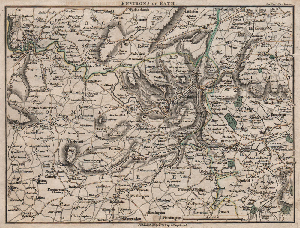 ENVIRONS OF BATH by John CARY. South Cotswolds. Original colour 1812 map