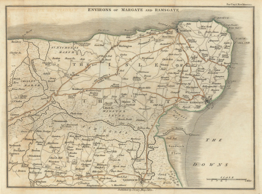 MARGATE & RAMSGATE environs by John Cary. Thanet Broadstairs Sandwich 1812 map