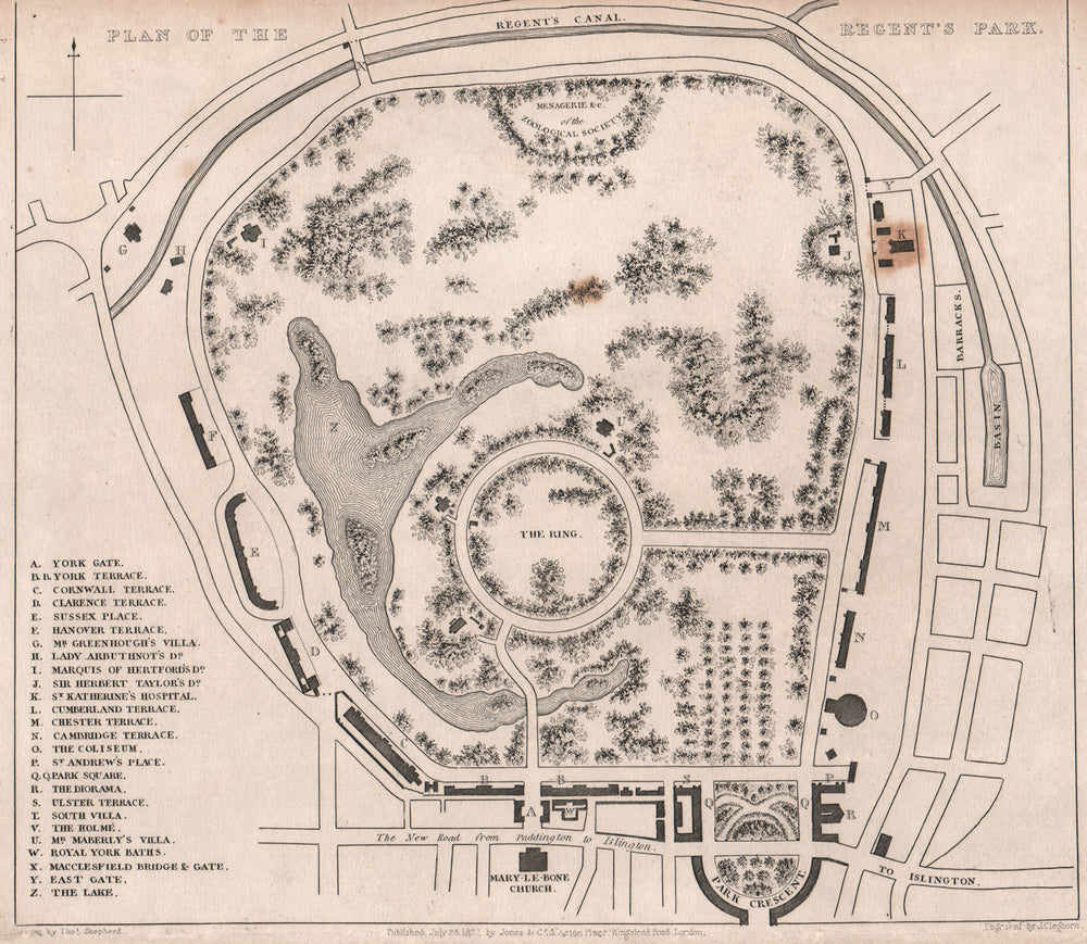 REGENT'S PARK. Plan of the park. London. SHEPHERD 1828 old antique map chart