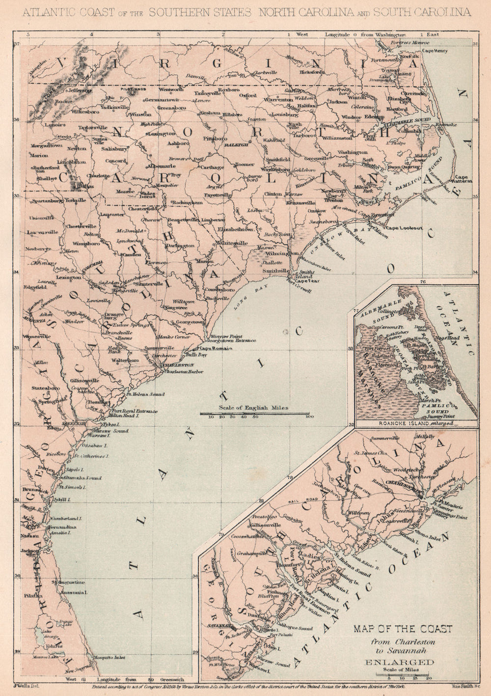 US CIVIL WAR. Atlantic Coast Virginia-Florida; Charleston-Savannah 1864 map