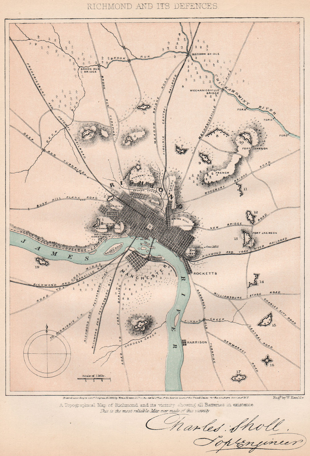 AMERICAN CIVIL WAR. Richmond and its defences. Virginia 1864 old antique map
