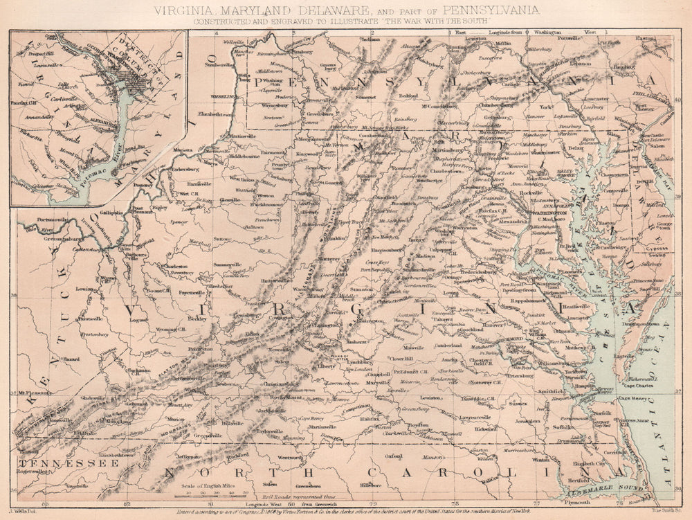 AMERICAN CIVIL WAR. Virginia Maryland Delaware PA Washington DC 1864 old map