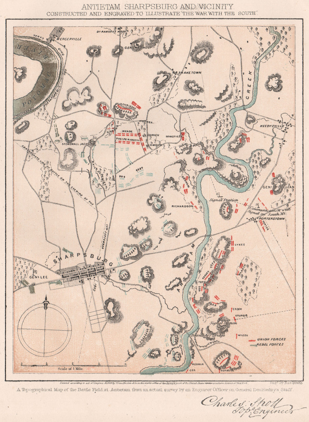AMERICAN CIVIL WAR. Antietam, Sharpsburg and vicinity 1864 old antique map