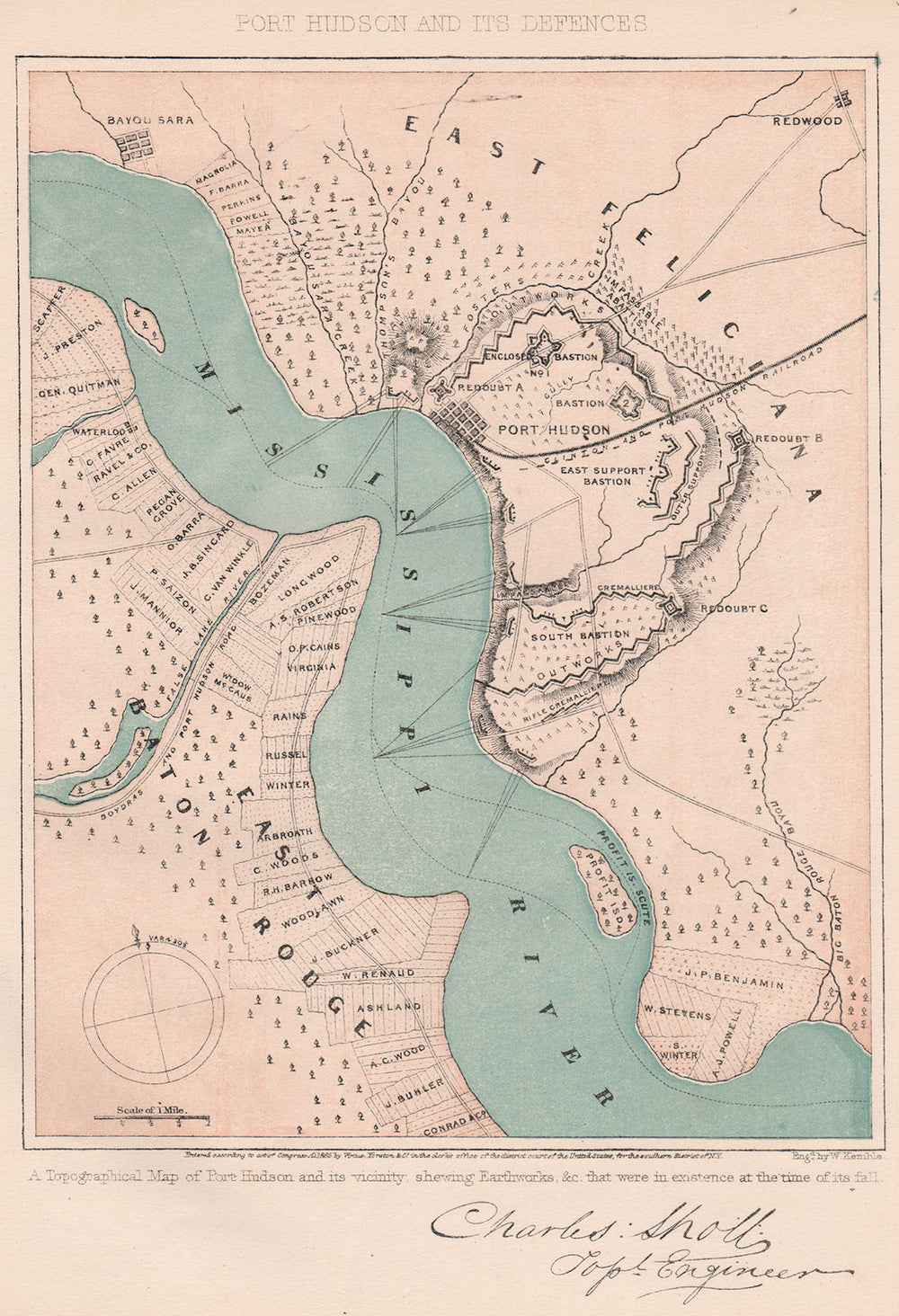 AMERICAN CIVIL WAR. Port Hudson and its defences. Louisiana 1864 old map