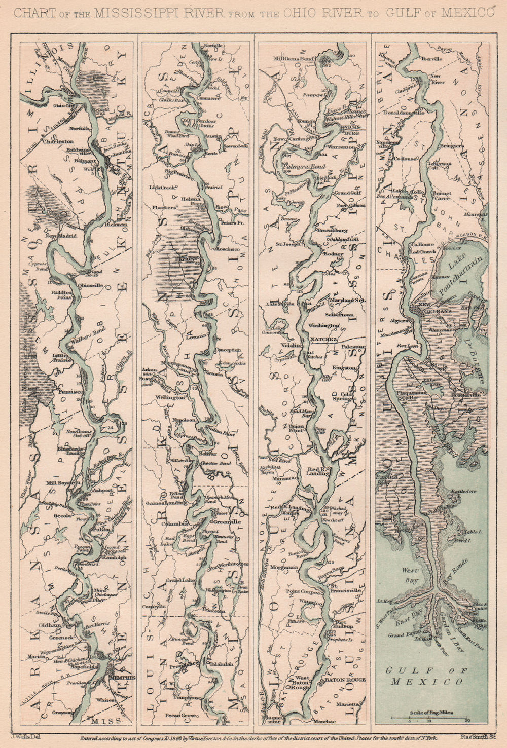 AMERICAN CIVIL WAR. Mississippi River from the Ohio to Gulf of Mexico 1864 map