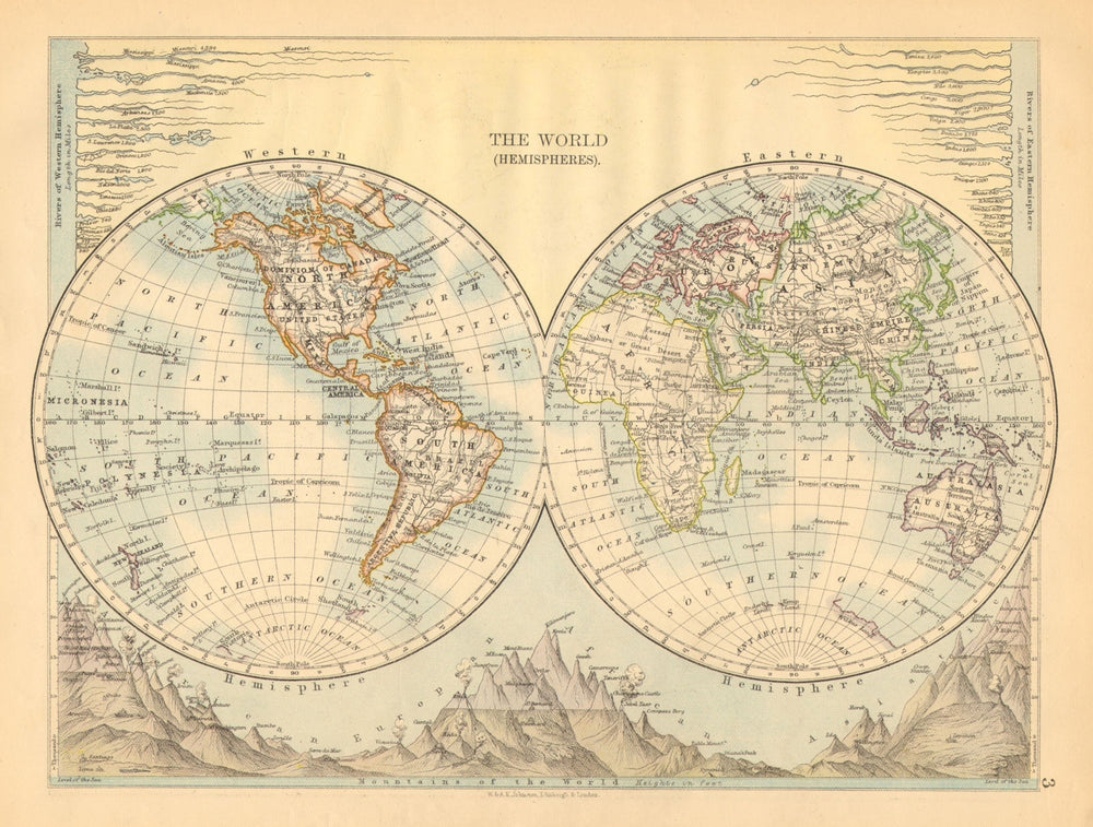 WORLD TWIN HEMISPHERES. Relief. Mountains. Rivers. JOHNSTON 1897 old map