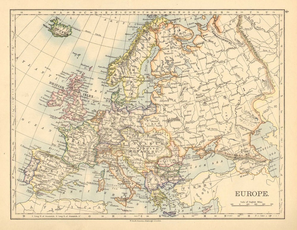 EUROPE POLITICAL. Austria-Hungary. United Sweden & Norway. JOHNSTON 1897 map