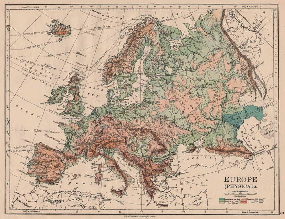 EUROPE PHYSICAL. Relief Ocean depths Key mountains Plains. JOHNSTON 1897 map