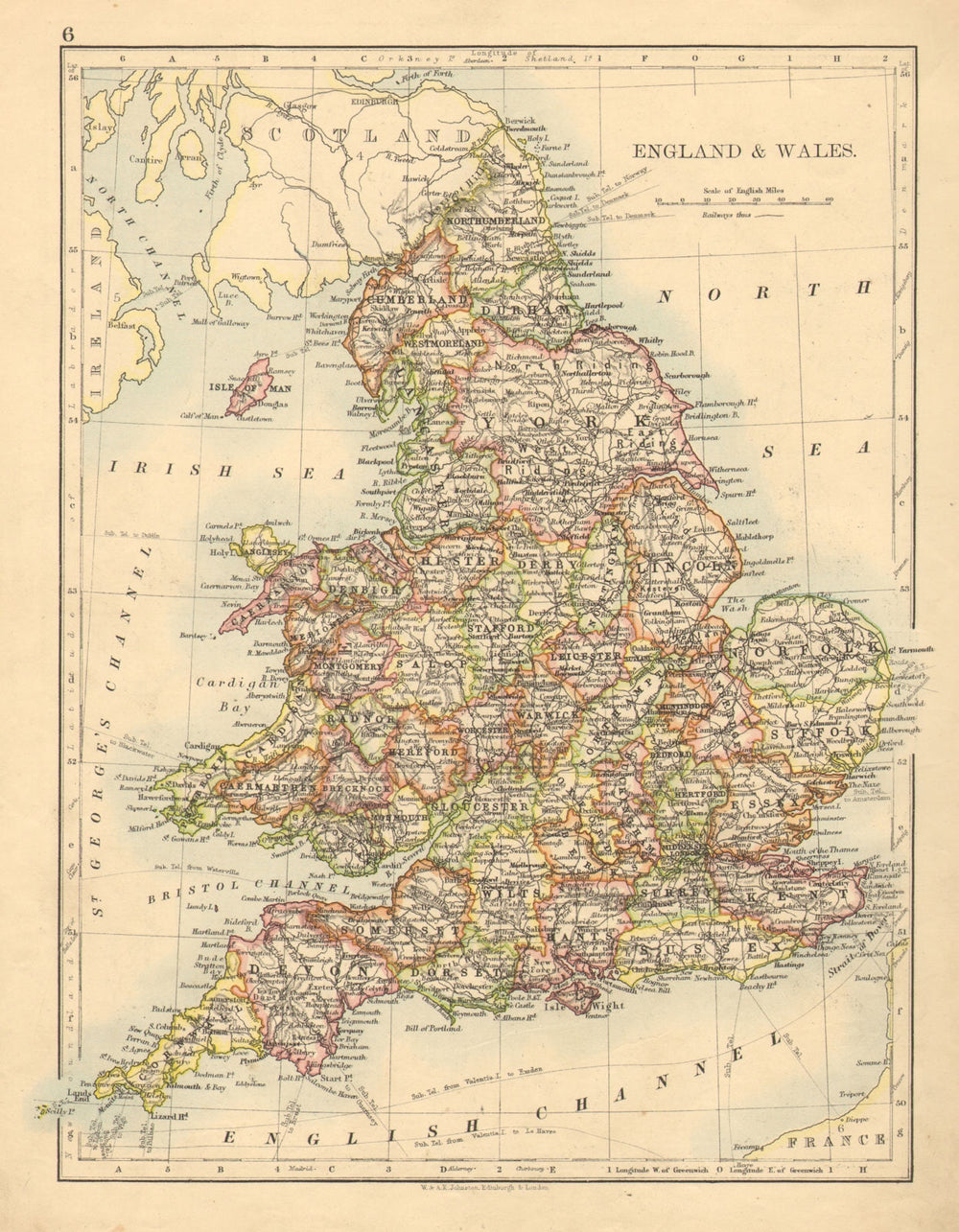 ENGLAND AND WALES. Counties. Westmoreland. Telegraph cables. JOHNSTON 1897 map