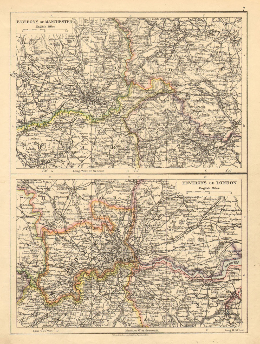 LONDON & MANCHESTER. Environs. Lancs Cheshire Middx Surrey JOHNSTON 1897 map