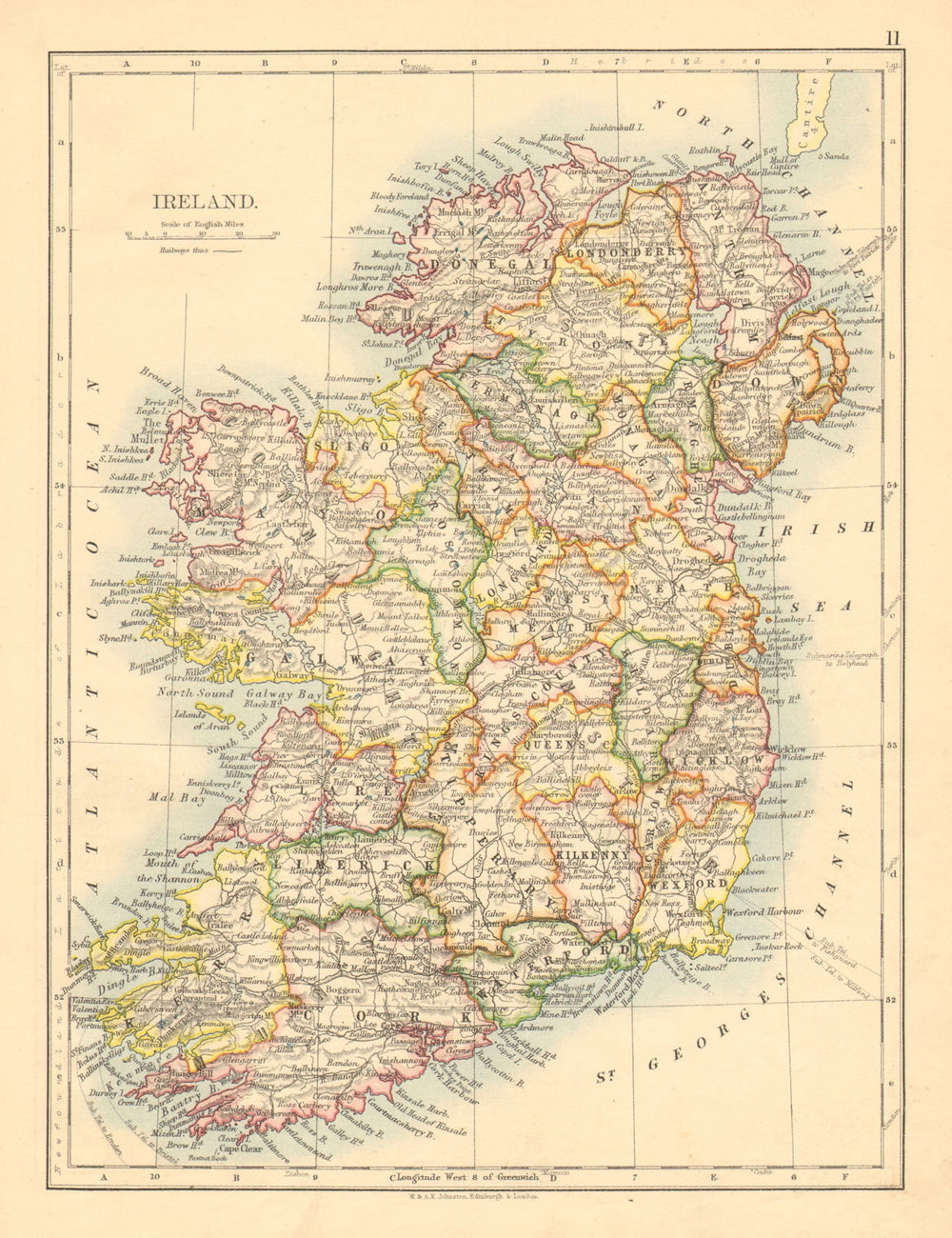 IRELAND. Showing counties. Undersea telegraph cables. JOHNSTON 1897 old map