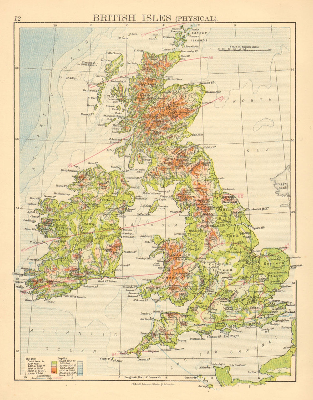 BRITISH ISLES RELIEF. Showing isotherms in January & July. JOHNSTON 1897 map