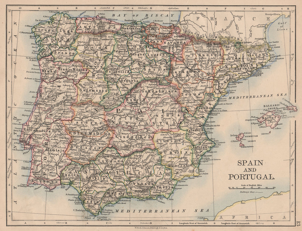 SPAIN AND PORTUGAL. Iberia. Provinces railways. Balearics. JOHNSTON 1897 map