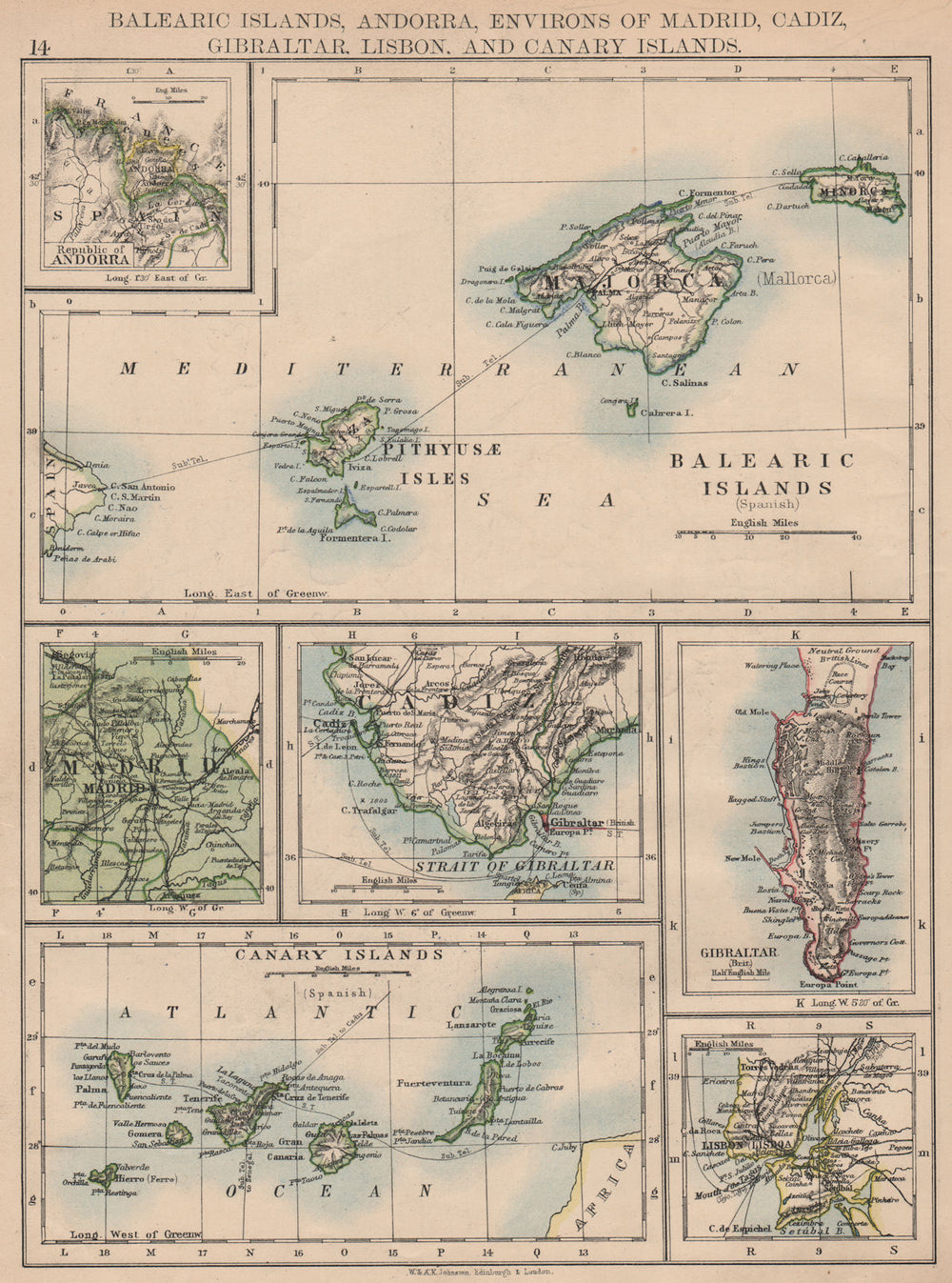 IBERIA. Balearics Canaries Gibraltar Andorra Madrid Lisbon. JOHNSTON 1897 map
