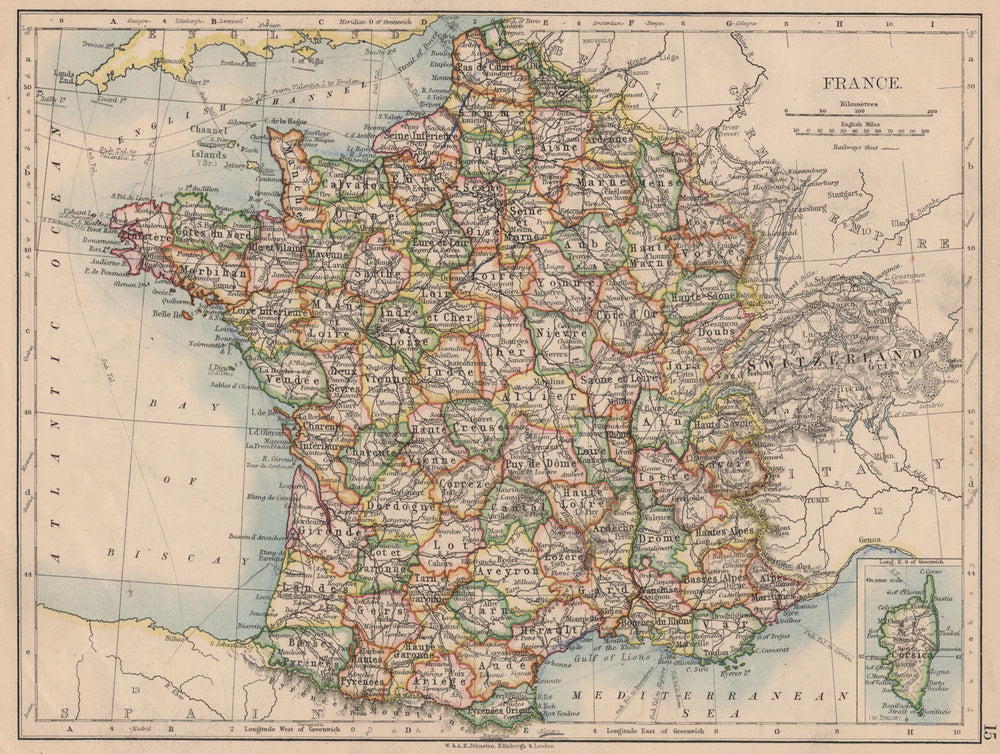 FRANCE. German Alsace & Lorraine. Undersea telegraph cables. JOHNSTON 1897 map