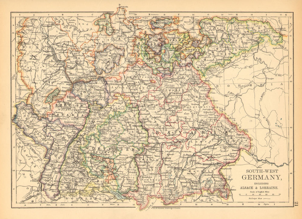 SOUTHERN GERMANY. Bavaria Wurtemberg Saxony Alsace German Lorraine 1897 map