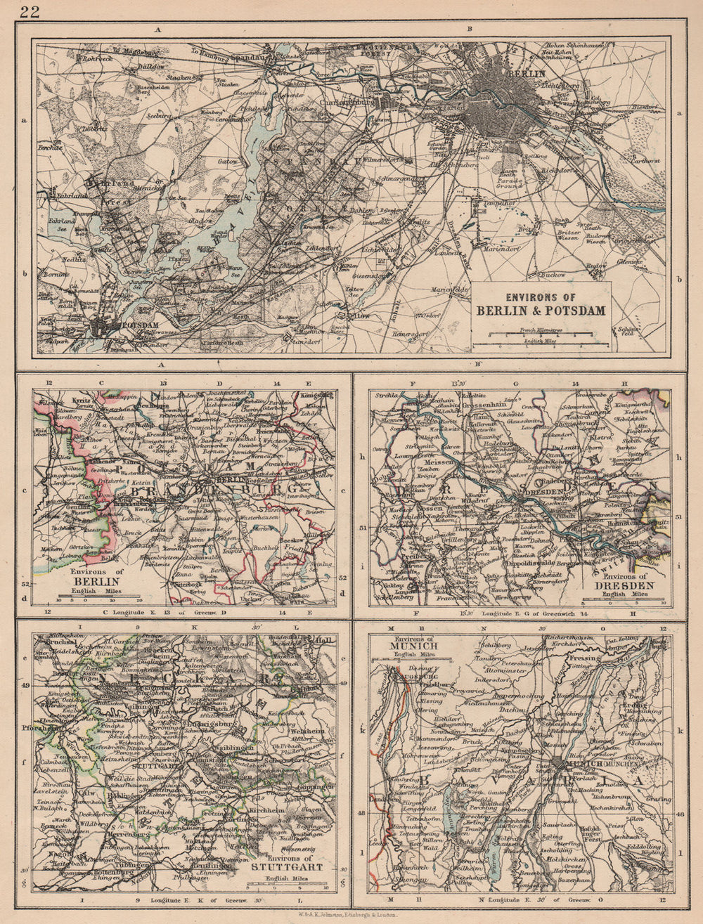 GERMAN CITIES. Berlin Potsdam Dresden Stuttgart Munich. JOHNSTON 1897 old map
