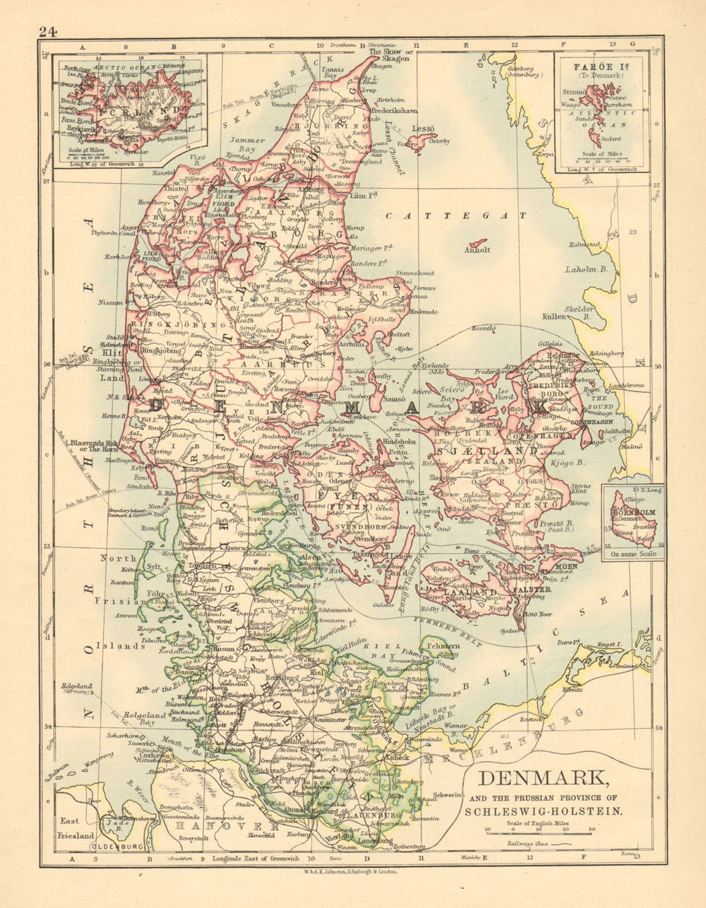 DENMARK SLESVIG-HOLSTEN. Prussian Schleswig-Holstein. JOHNSTON 1897 old map