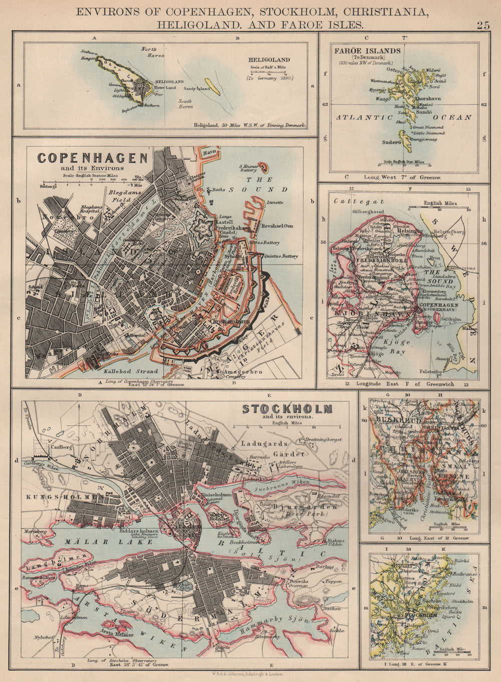 SCANDINAVIAN CITIES. Copenhagen Stockholm Oslo Christiania.JOHNSTON 1897 map