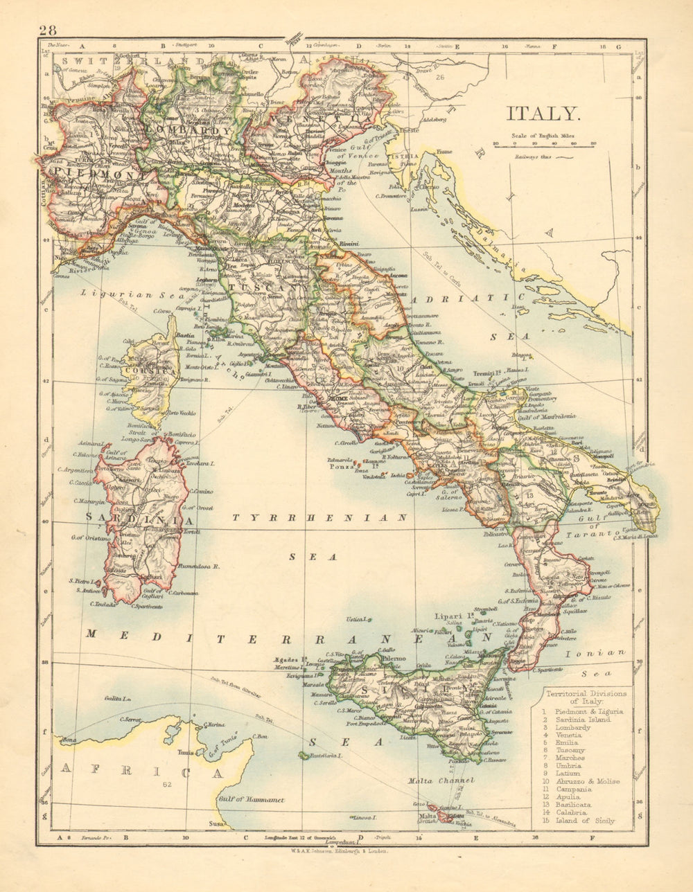 ITALY. Showing states/territorial divisions. JOHNSTON 1897 old antique map